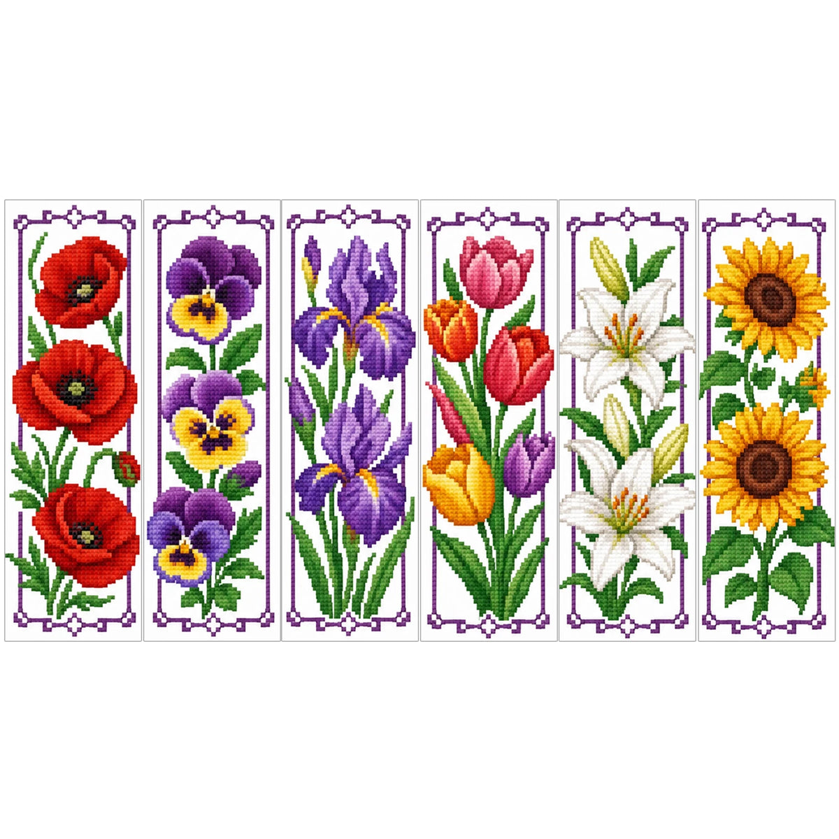 A set of six vertical cross-stitch floral designs featuring various colored flowers and leaves.
