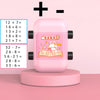 A pink 2-in-1 math roller stamp showing addition and subtraction problems on a pink surface.