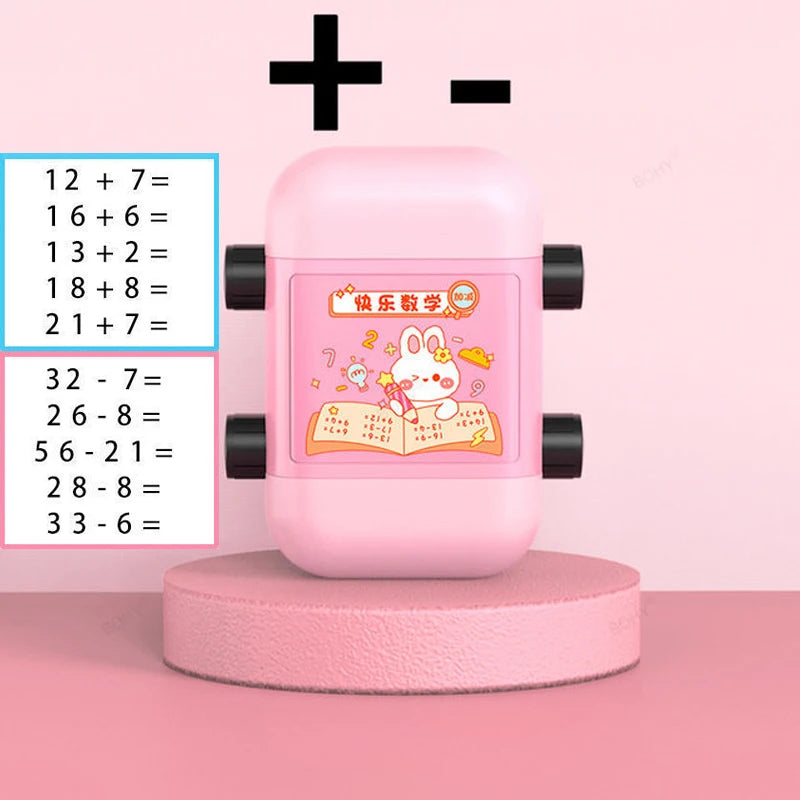A pink 2-in-1 math roller stamp showing addition and subtraction problems on a pink surface.