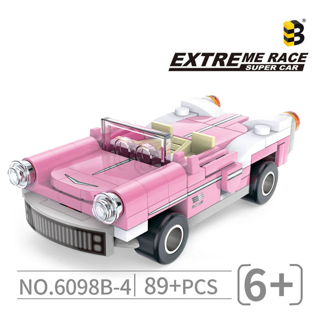 A pink and white police helicopter and SWAT carrier vehicle building blocks set.