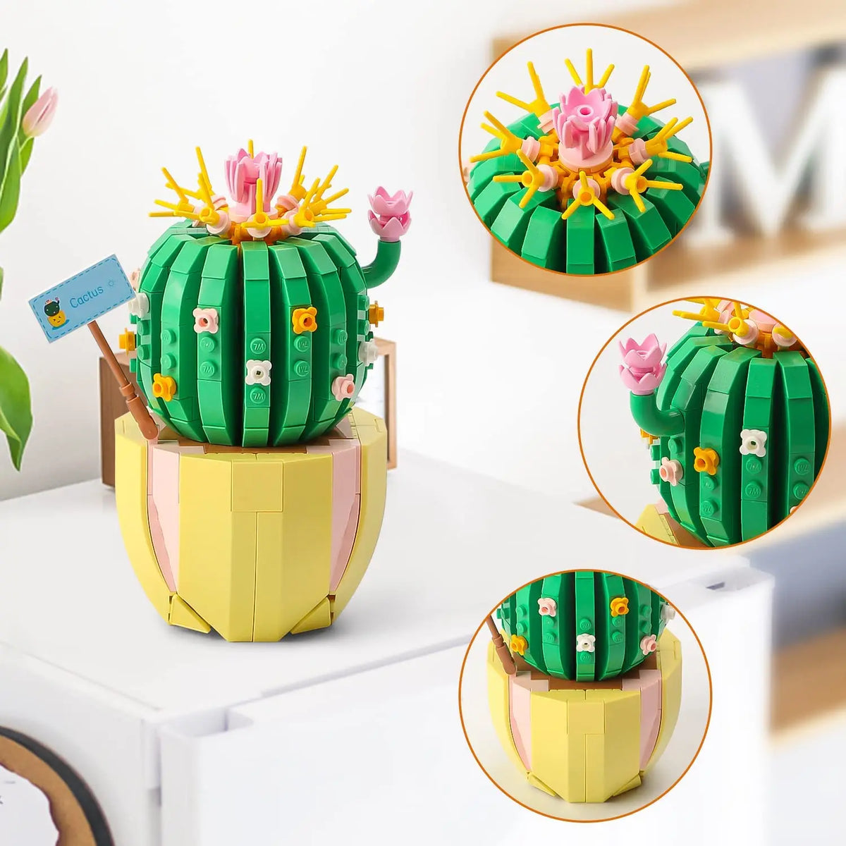 A green cactus building block model with a pink floral bouquet on top, shown alongside its disassembled parts.