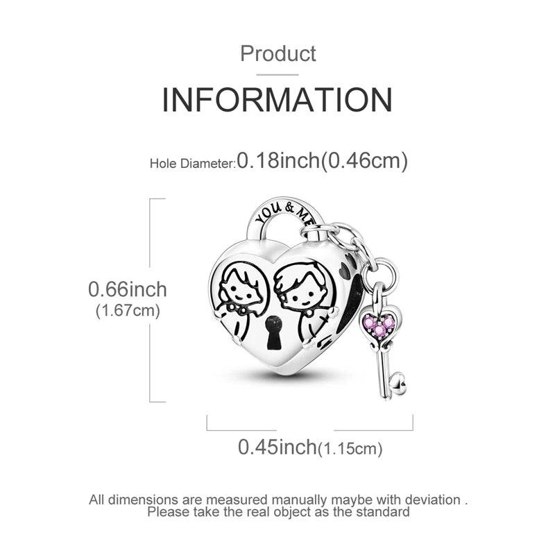 A silver heart charm with a key detail is shown, measuring 0.66 inches in diameter.