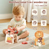 A toddler plays with a wooden mushroom castle stacking toy, a multi-functional sensory and problem-solving puzzle for childre