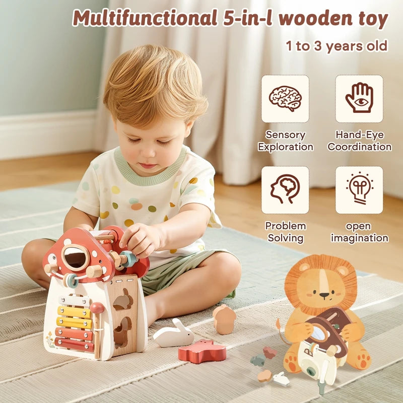 A toddler plays with a wooden mushroom castle stacking toy, a multi-functional sensory and problem-solving puzzle for childre