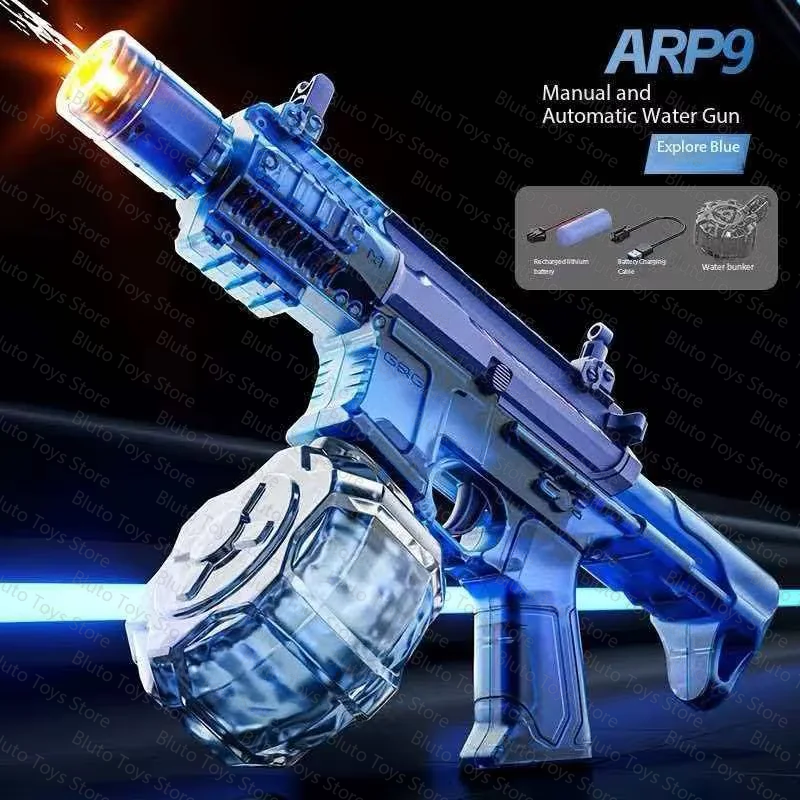 Blue ARP9 manual and automatic water gun with a translucent barrel and a clear projectile.