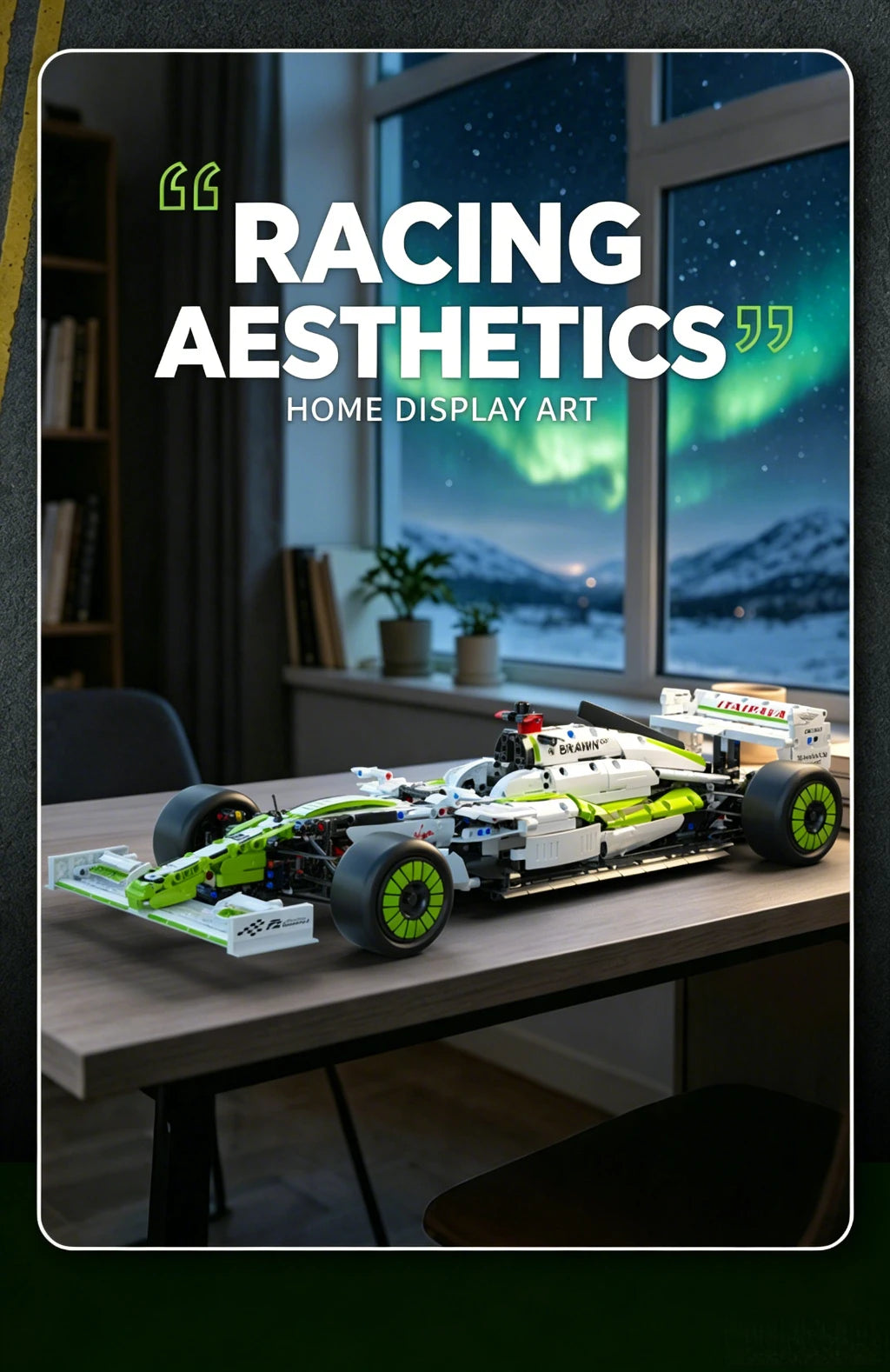 A detailed 1:8 scale formula racing car model with green and white livery displayed on a wooden table.