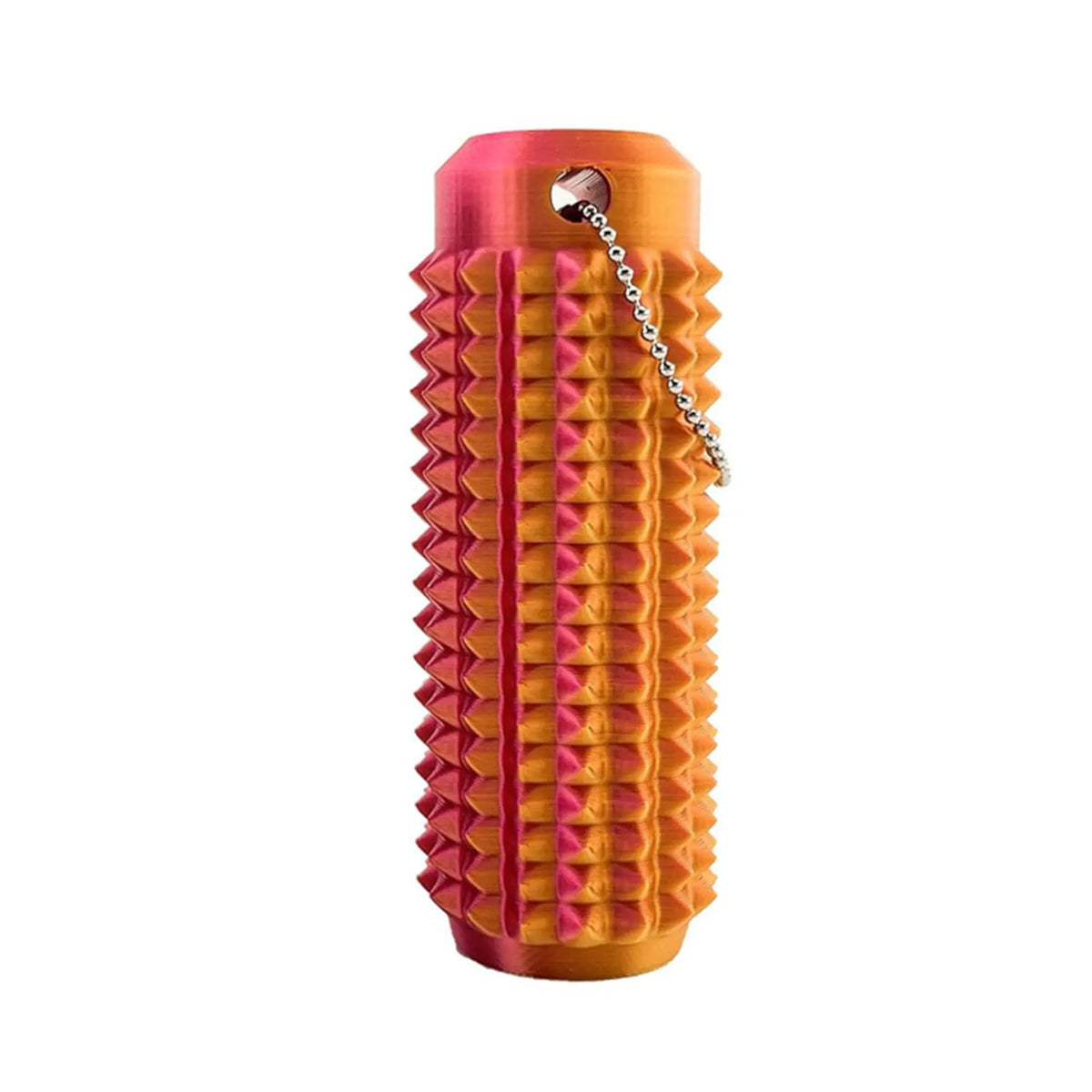 A vibrant orange and pink spiky sensory keychain with a silver chain.