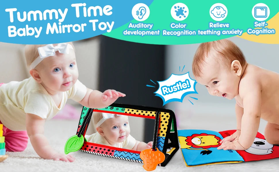 High-Contrast Tummy Time Baby Mirror with Crinkle Cloth Book and Teether