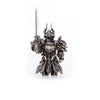 A detailed metal figurine of an adjudicator with a sword, featuring intricate armor and a cross emblem.
