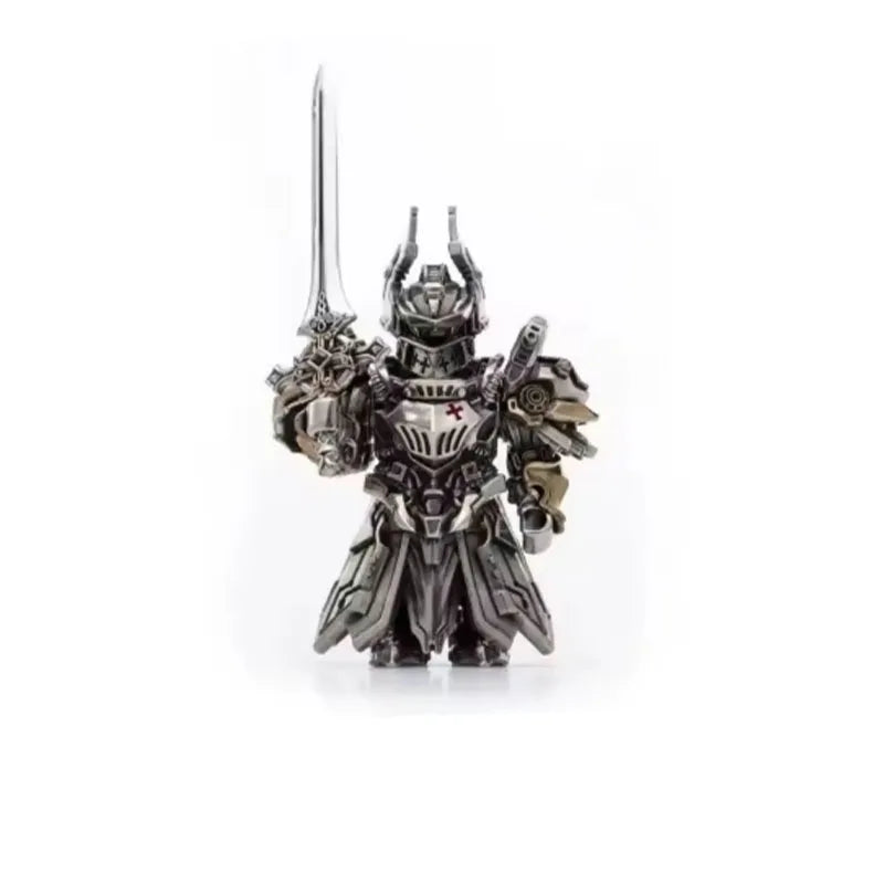 A detailed metal figurine of an adjudicator with a sword, featuring intricate armor and a cross emblem.