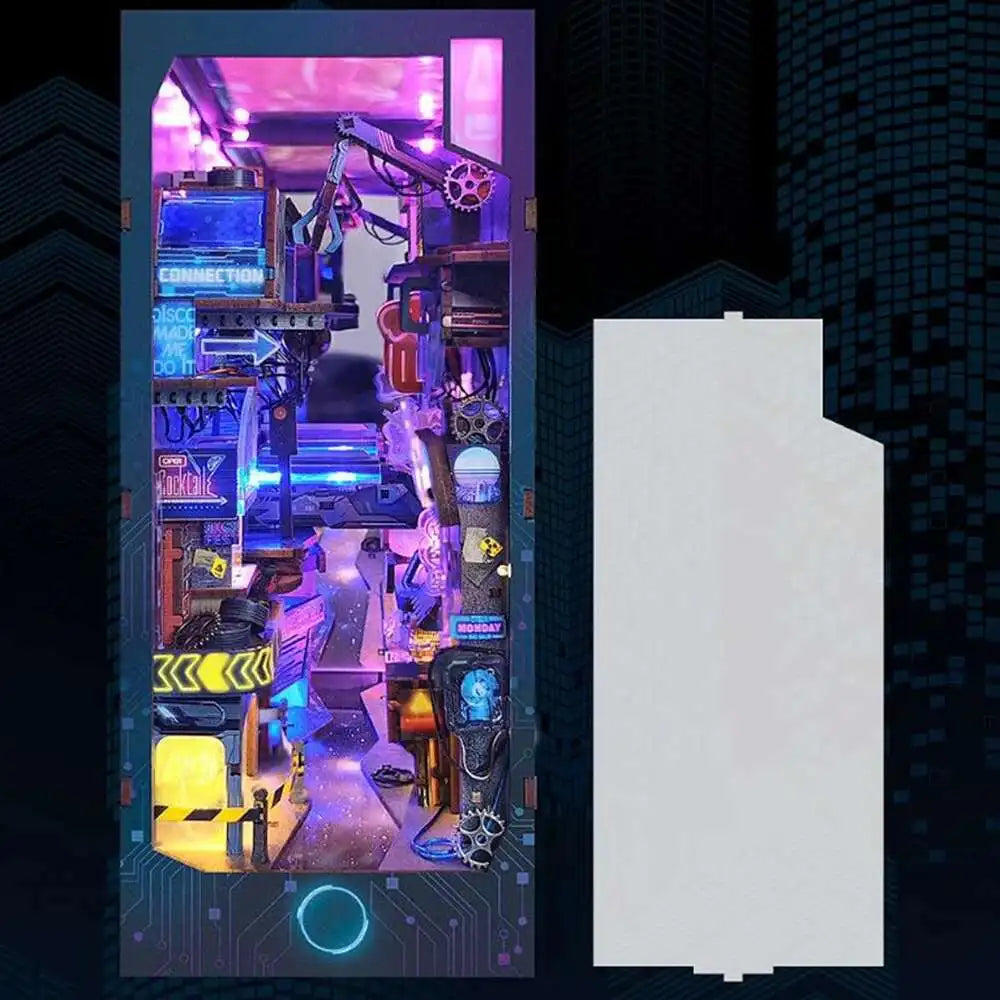 A detailed diorama kit of a cyberpunk interior featuring illuminated components and wooden elements.