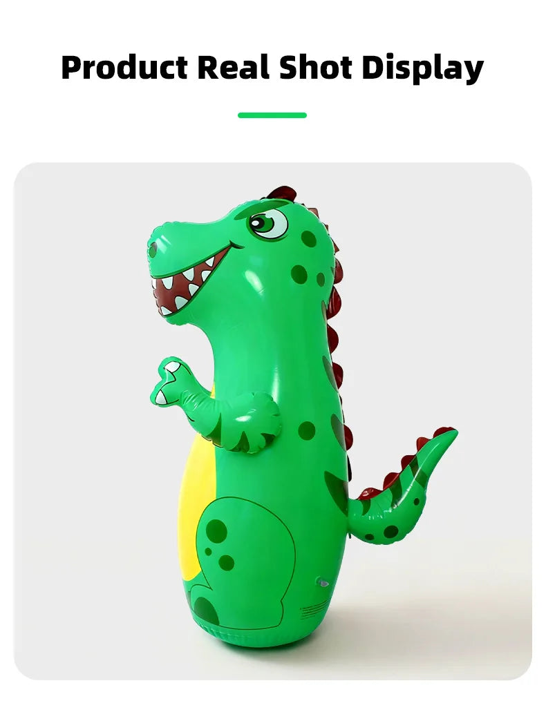 A bright green inflatable dinosaur punching bag for kids, shown in a realistic shot display.