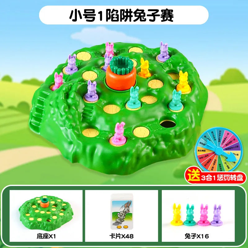 A green puzzle game board shaped like a rabbit, featuring various colored plastic pieces for play.