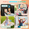 Montessori busy board for toddlers featuring various motor skills activities shown in car, stroller, and at home settings.