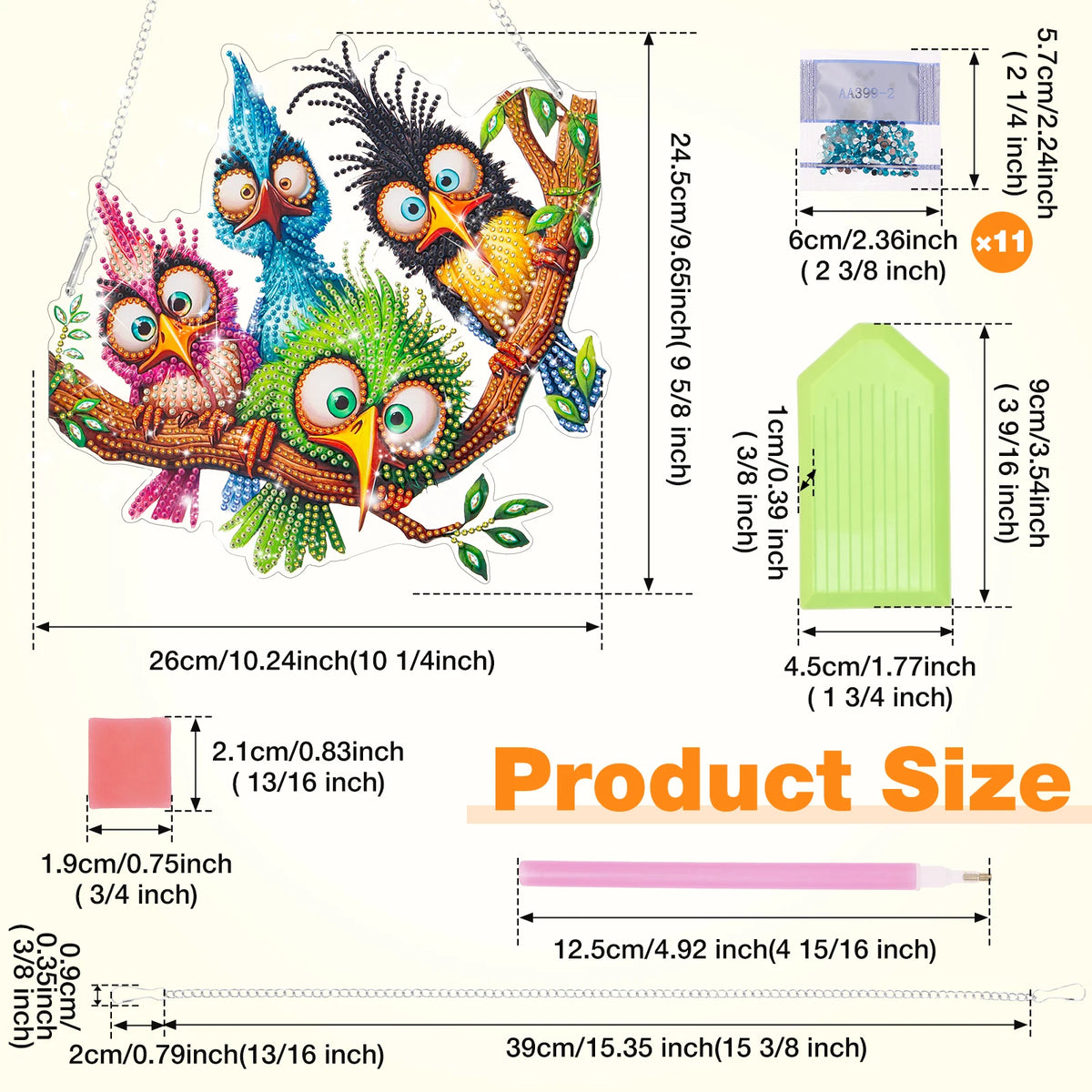 A detailed illustration of an owl-shaped acrylic pendant craft kit with various components and size measurements.