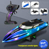 A sleek, blue and purple RC speedboat with transparent colorful lights and a separate battery and display rack.
