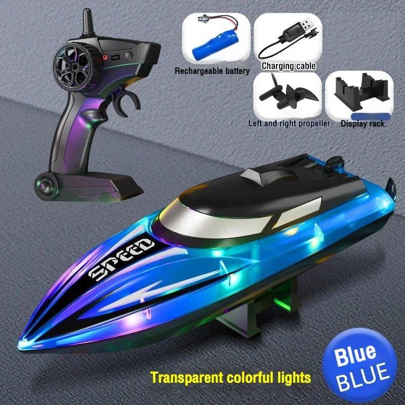 A sleek, blue and purple RC speedboat with transparent colorful lights and a separate battery and display rack.
