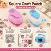 Pink and blue square craft punch tools shown with examples of clean cut edges and easy use.