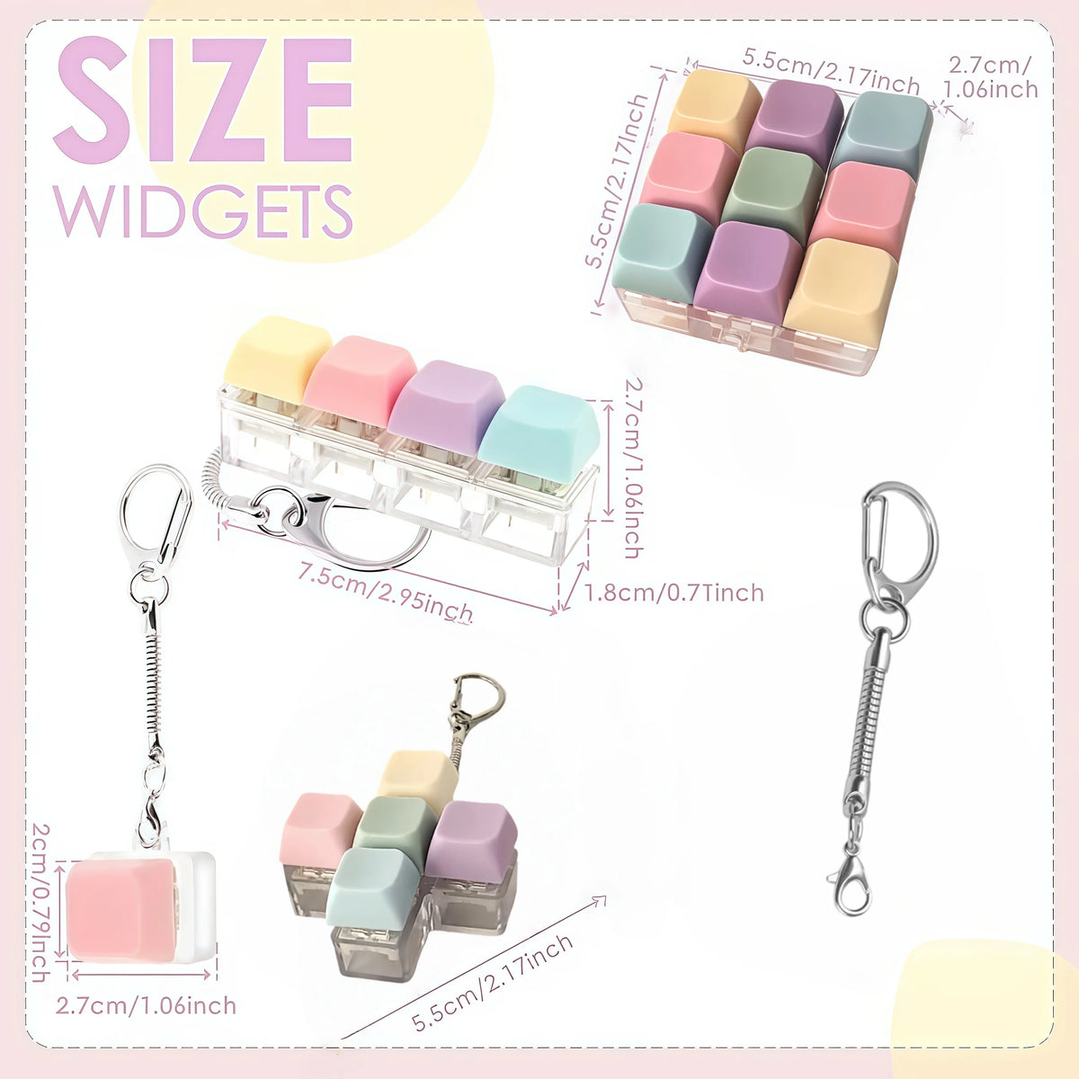 A set of colorful silicone widgets and a keychain fidget toy with a metal loop.