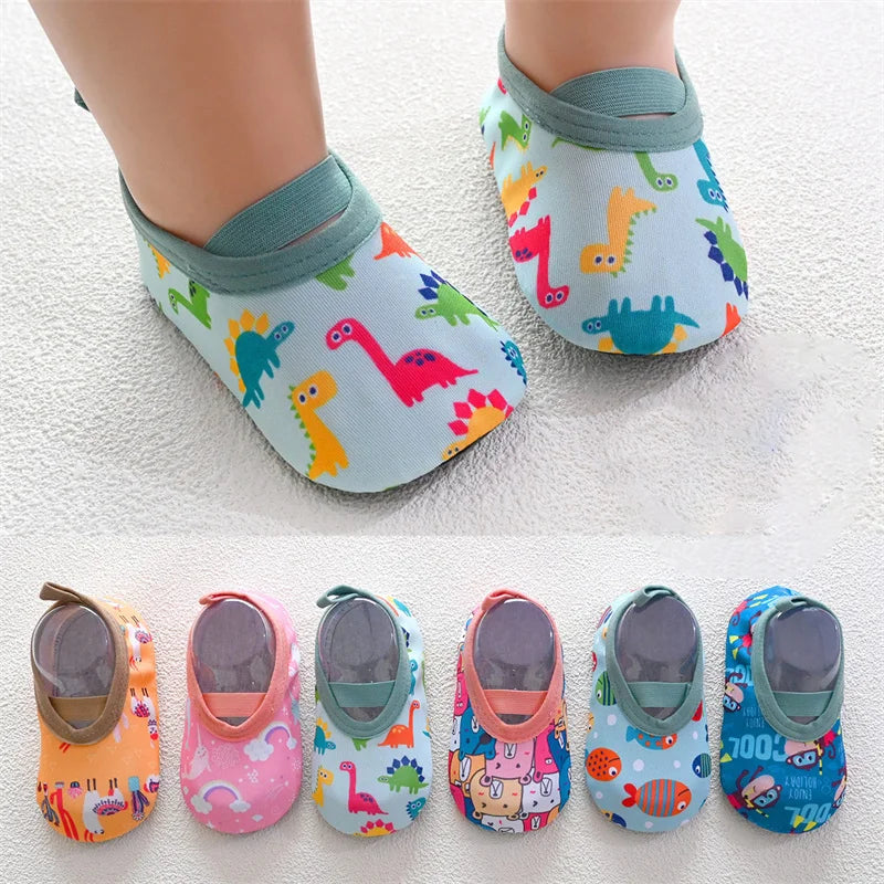 A set of colorful baby barefoot water shoes for beach and outdoor play