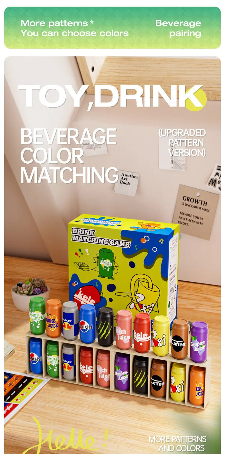 A box of a drink matching game featuring various colored juice bottles and cups for children.