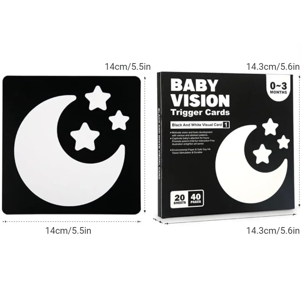 A box of Baby Vision Trigger Cards with black and white cards for infant stimulation.
