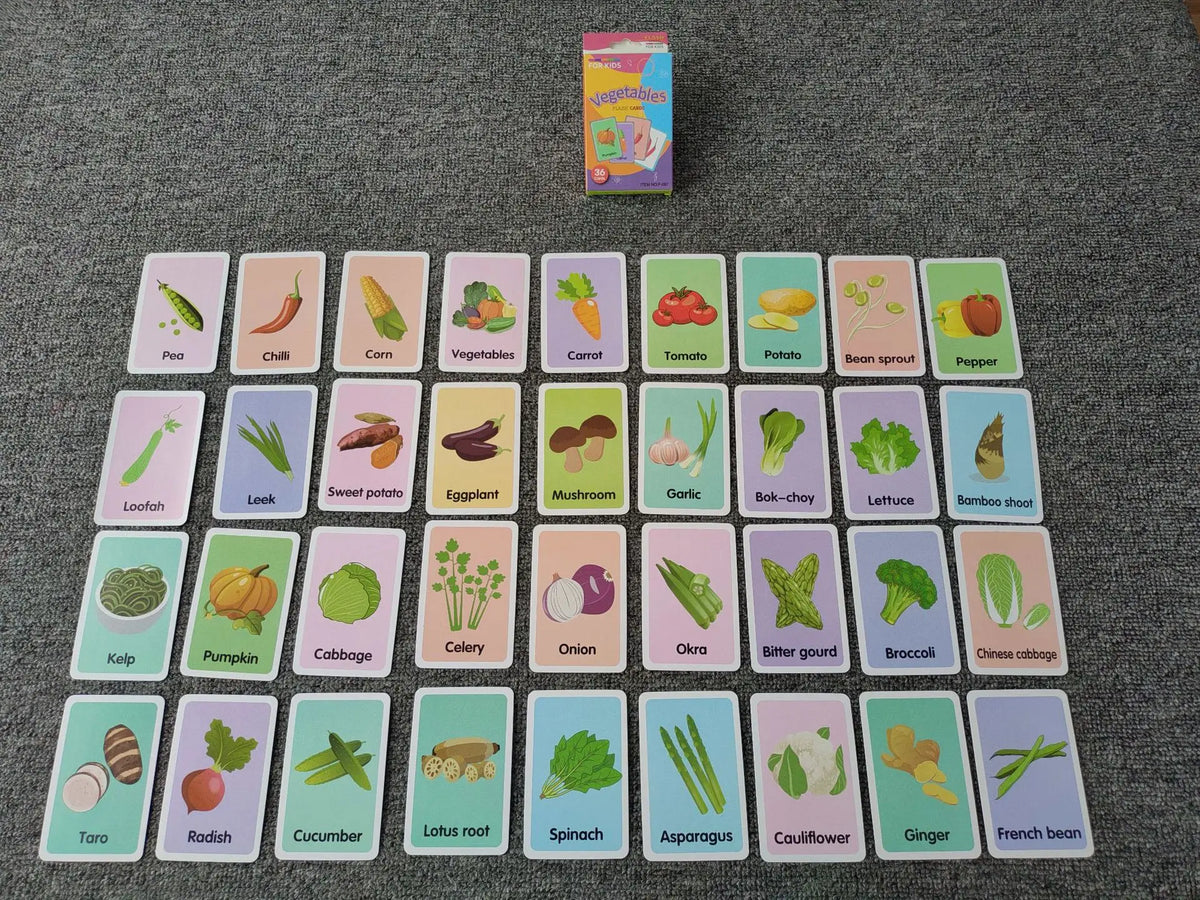A grid of colorful flash cards featuring various fruits, vegetables, and food items for early learning.