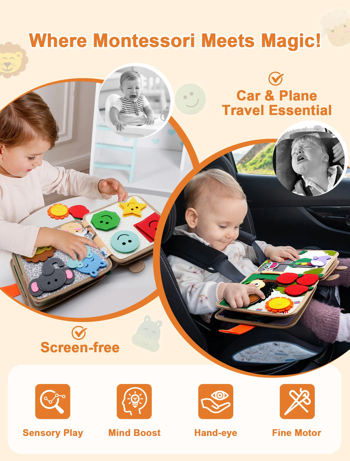 A Montessori felt busy board activity book is shown being used by a toddler in a car seat, demonstrating sensory play and fin