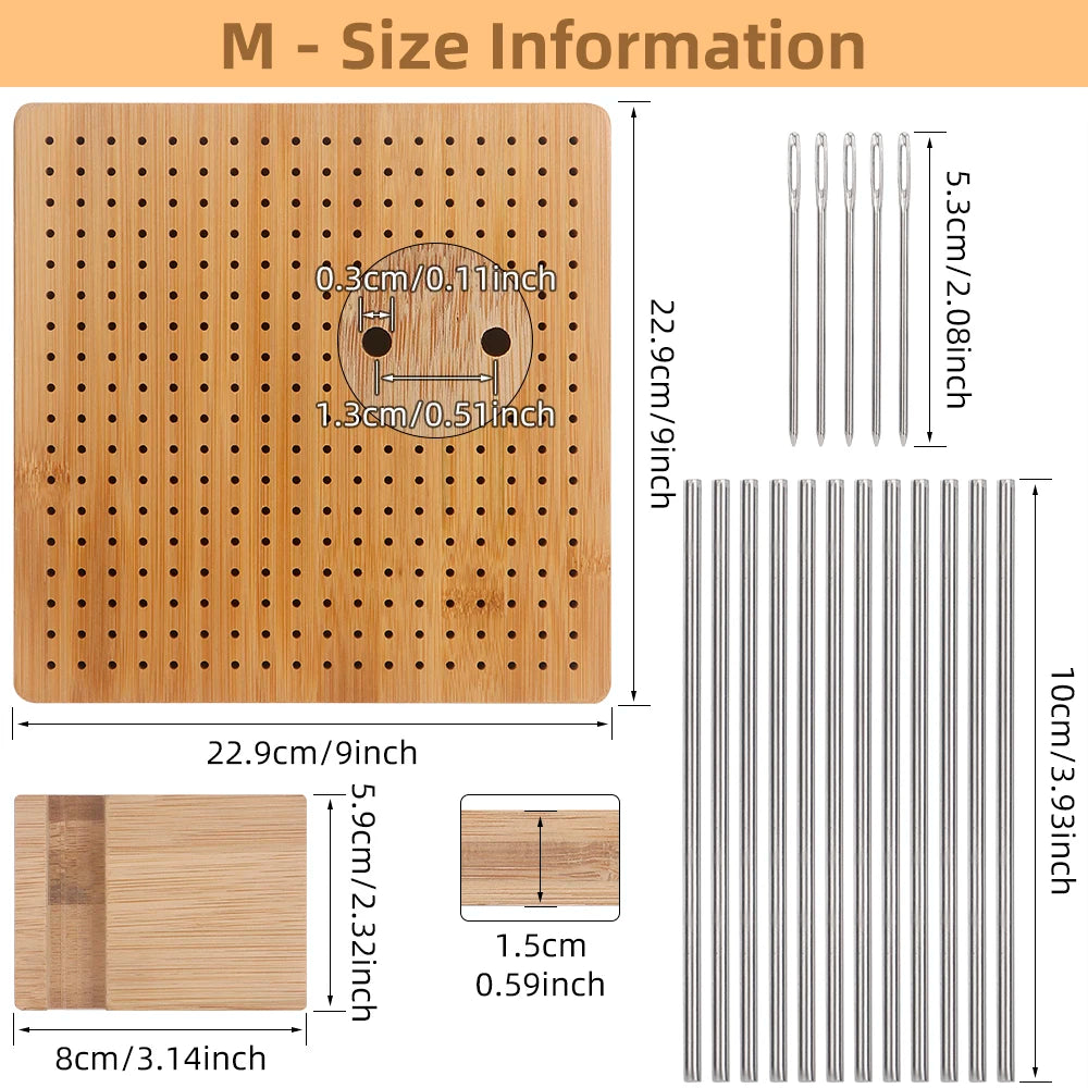 A wooden bamboo crochet blocking board with pins, measuring 22.9cm by 10cm, and a separate wooden block.