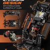 A detailed view of a symmetrical chassis design for an RC rock crawler featuring a hydraulic shock and aluminum alloy girder.