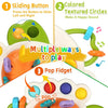 A colorful silicone sensory toy featuring a sliding button, textured circles, and a pop fidget for baby play.