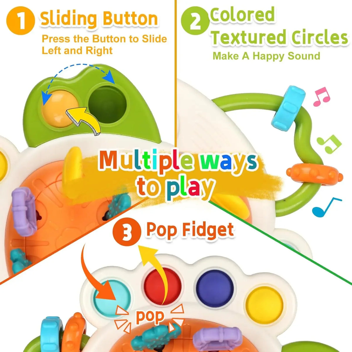 A colorful silicone sensory toy featuring a sliding button, textured circles, and a pop fidget for baby play.