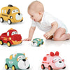 A set of soft rubber pull-back toy cars in yellow, red, green, and pink for toddlers.