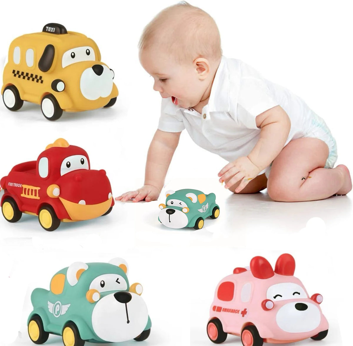 A set of soft rubber pull-back toy cars in yellow, red, green, and pink for toddlers.