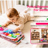 A toddler is engaging with a felt busy book during daily life activities, demonstrating focus and learning.