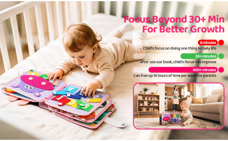 A toddler is engaging with a felt busy book during daily life activities, demonstrating focus and learning.