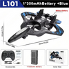 Black foam RC fighter drone with blue accents and a battery included