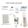 DIY frame included for a paint by numbers kit with brushes, accessories, reference sheet, canvas, color guide, and acrylic pa