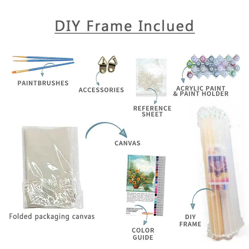 DIY frame included for a paint by numbers kit with brushes, accessories, reference sheet, canvas, color guide, and acrylic pa