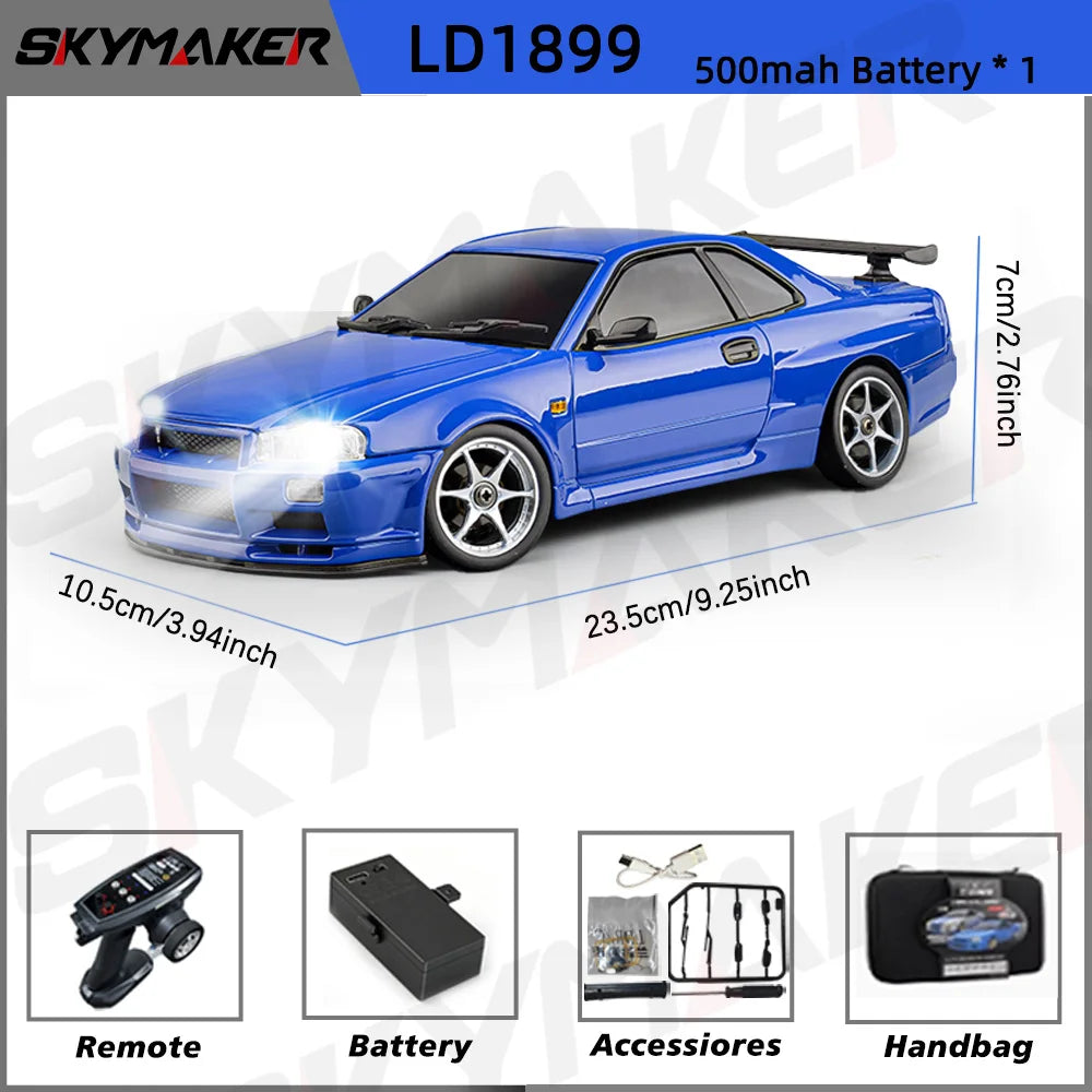 Blue 1/18 scale GTR R34 RC drift car with gyro stabilization and accessories