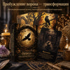 A dark, moody photograph of an oracle deck titled Raven's Awakening featuring mystical imagery and gold accents.