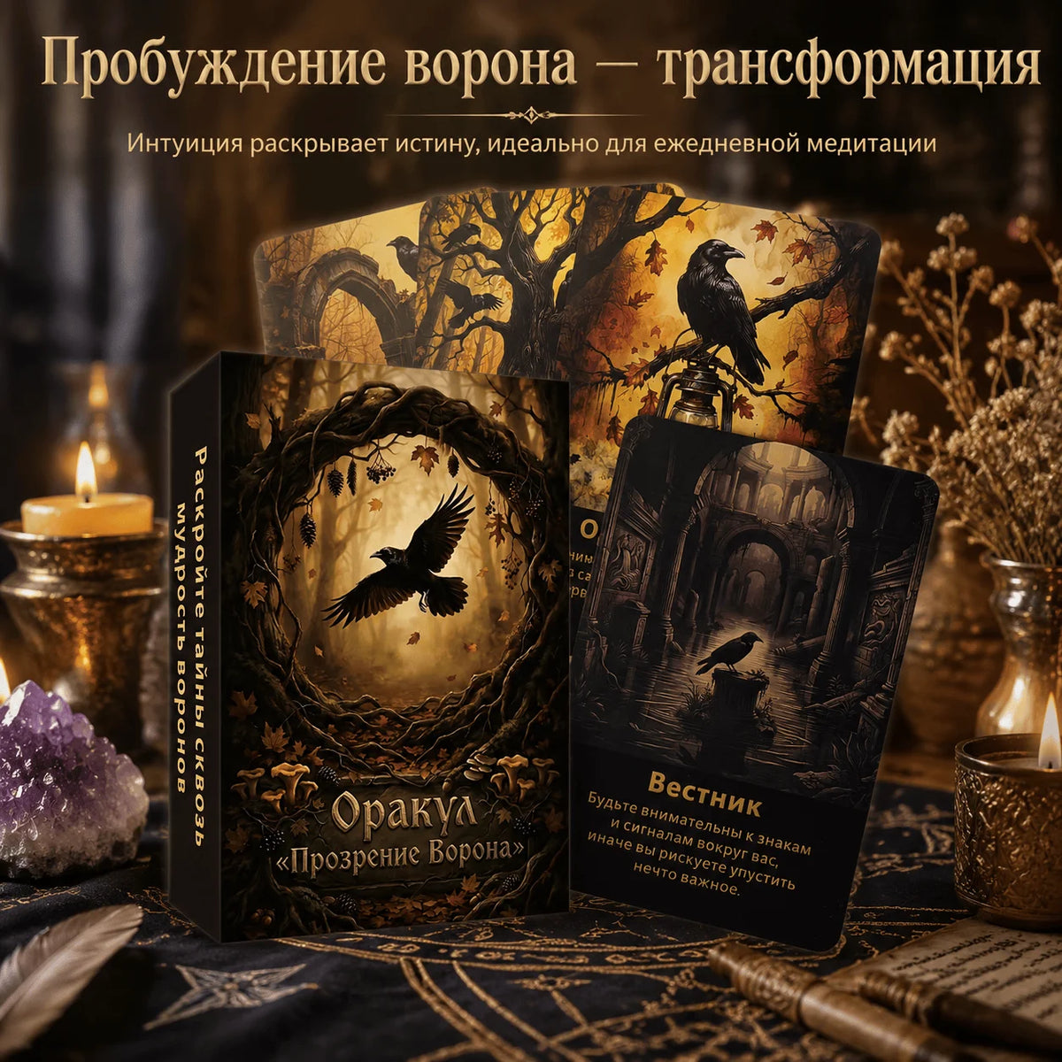 A dark, moody photograph of an oracle deck titled Raven's Awakening featuring mystical imagery and gold accents.