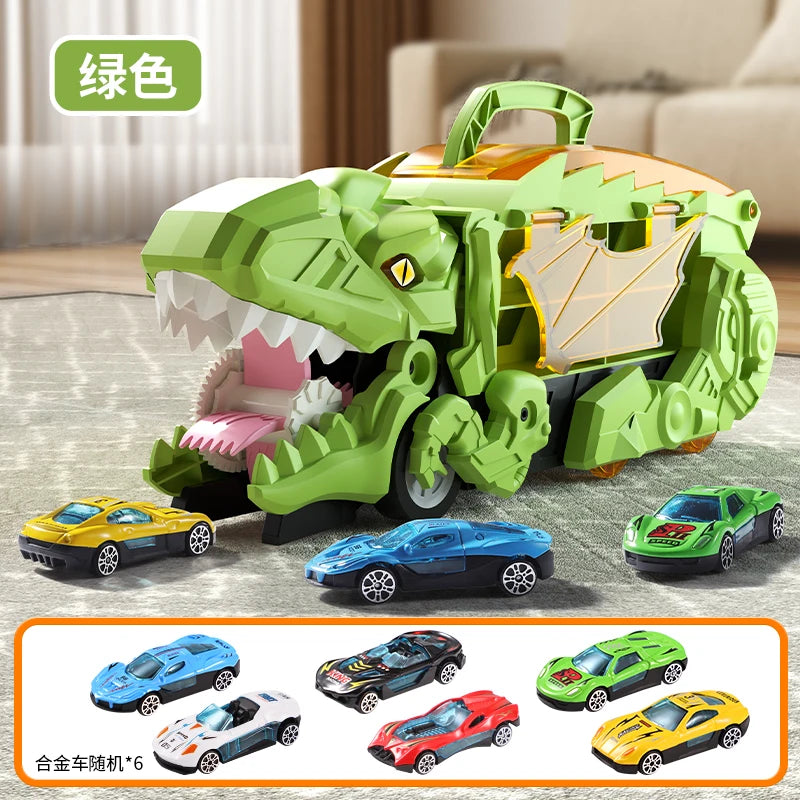 A green dinosaur transport truck toy set featuring transforming die-cast cars.