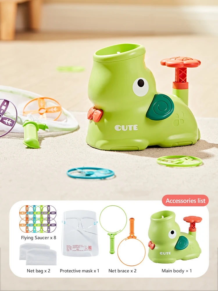 A lime green foot launcher toy set featuring a main body, protective mask, and two net braces.