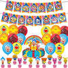 A colorful banner and various clown-themed balloons for a kids' birthday party decoration set.