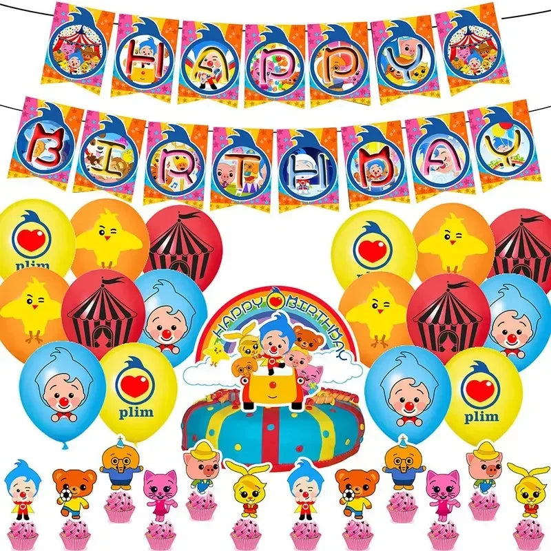 A colorful banner and various clown-themed balloons for a kids' birthday party decoration set.