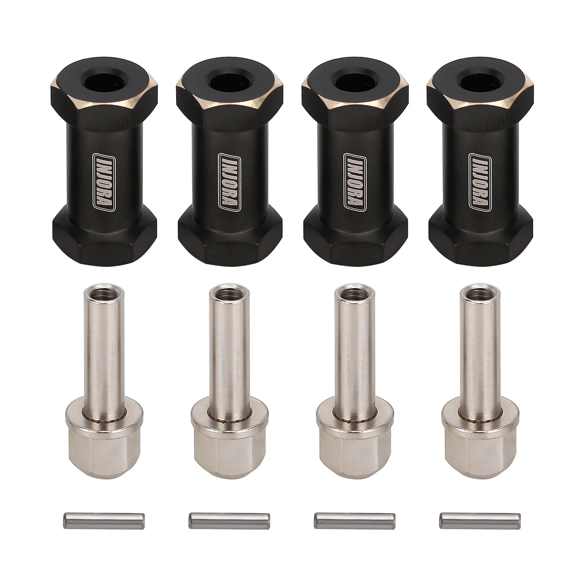 Four black plastic hex extenders and three silver metal rods for RC crawlers