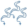 Handmade knotted rosary necklace with cross charm made of blue thread.