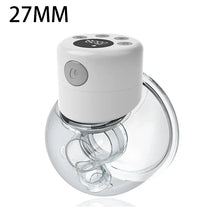 A white electric breast pump device with a clear silicone flange is shown from above.