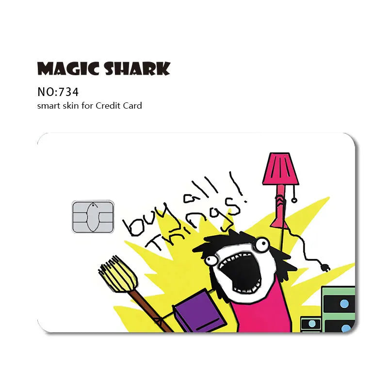 A sticker design featuring a cartoon shark character with a large mouth and a pink umbrella.